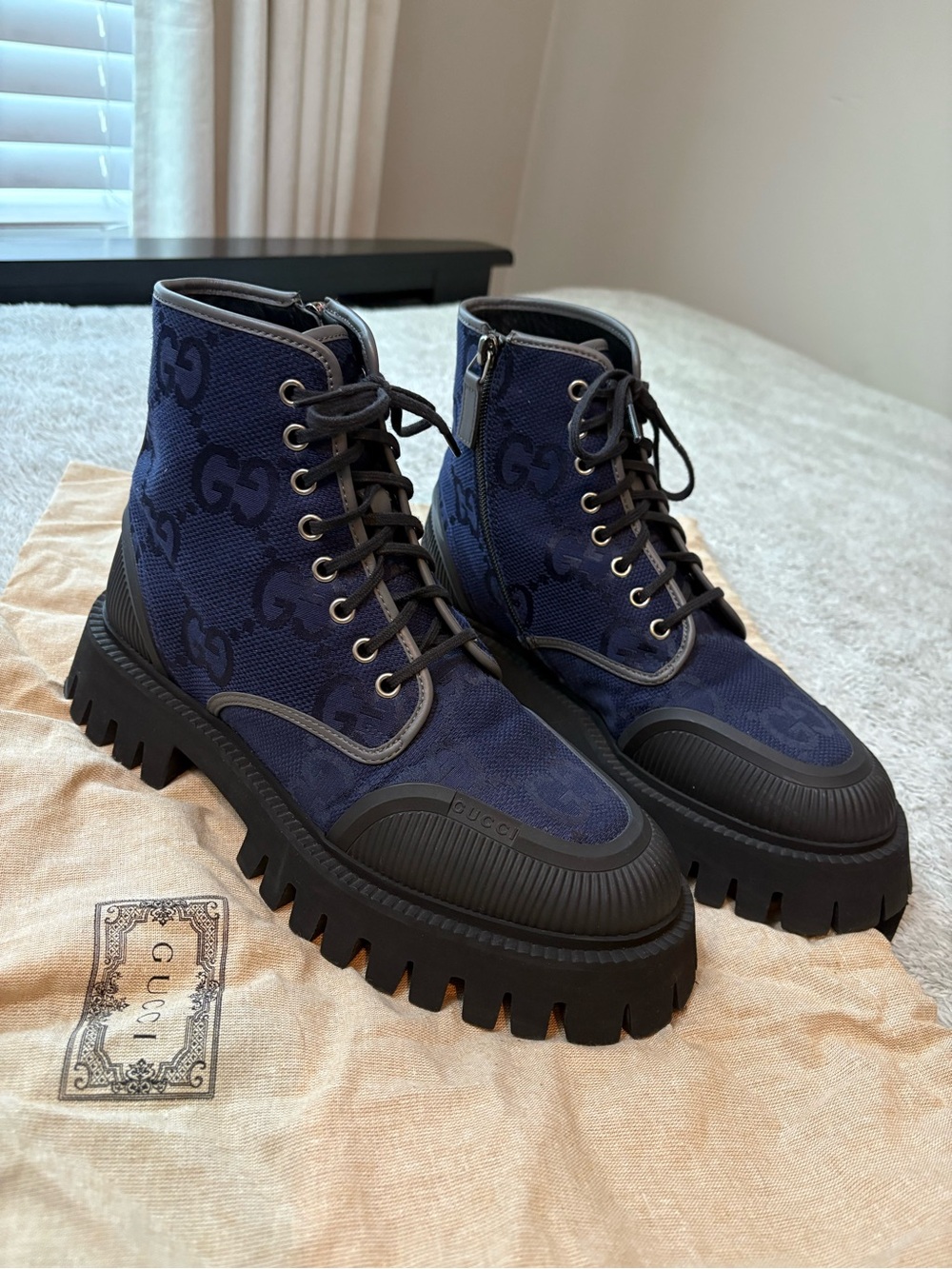 Gucci Monogram Print Canvas Combat Boots